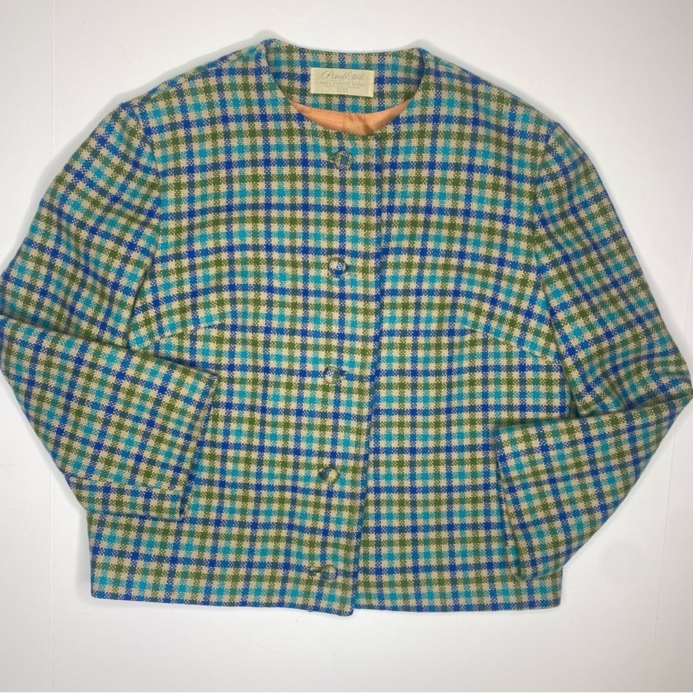 60’s Pendleton Wool Plaid 2Pc Coat Skirt Set Green, Blue, Beige Sz14 EUC - Picture 3 of 10